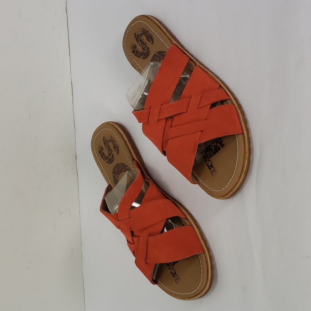 NEW SOREL ELLA SLIDE ZING (ORANGE) SUEDE STRAPPY FLATS SANDALS SHOES WOMEN'S 7.5